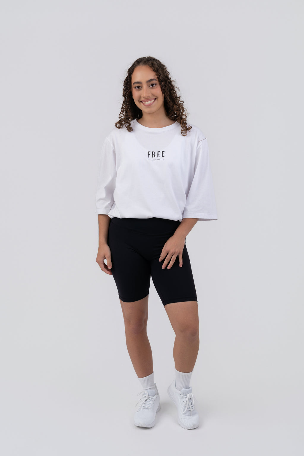 FREE Oversized Tee White - front with bike shorts